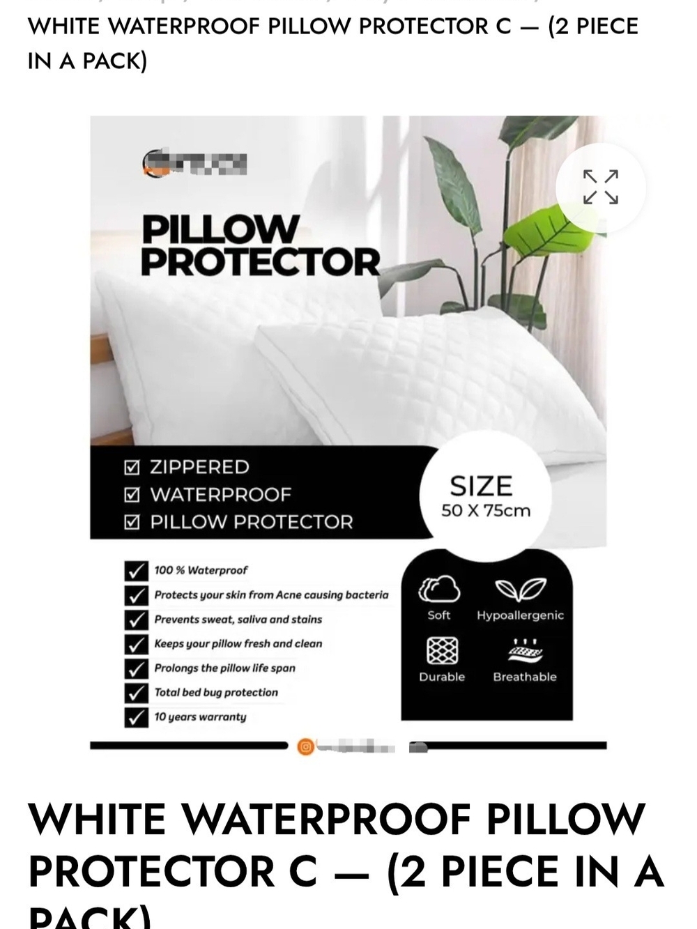 White Waterproof Pillow Protector - 2-Pack Zippered Hypoallergenic